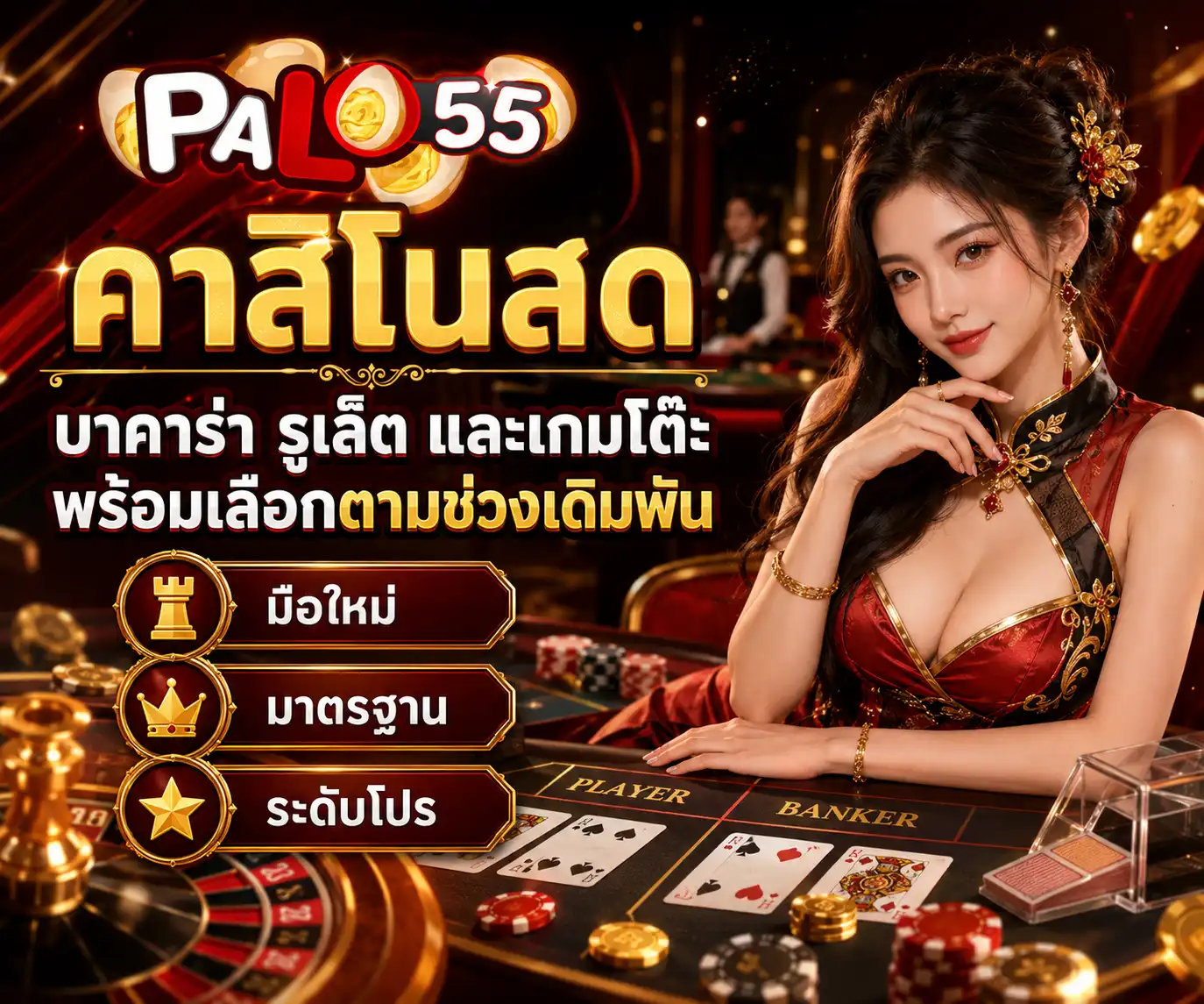 PALO55 คาสิโนสด บาคาร่า รูเล็ต และเกมโต๊ะพร้อมเลือกตามช่วงเดิมพัน